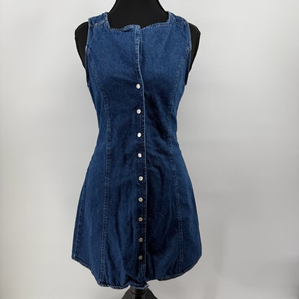 Reformation Jeans Women's Blue Denim Mini Dress Size 2 Pearl Snap Front Tie Back
